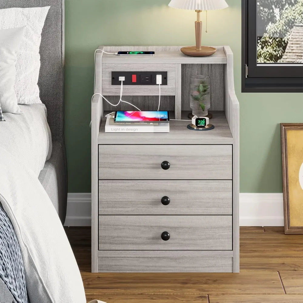 Nightstand with Charging Station,  with Hutch & Storage Drawers