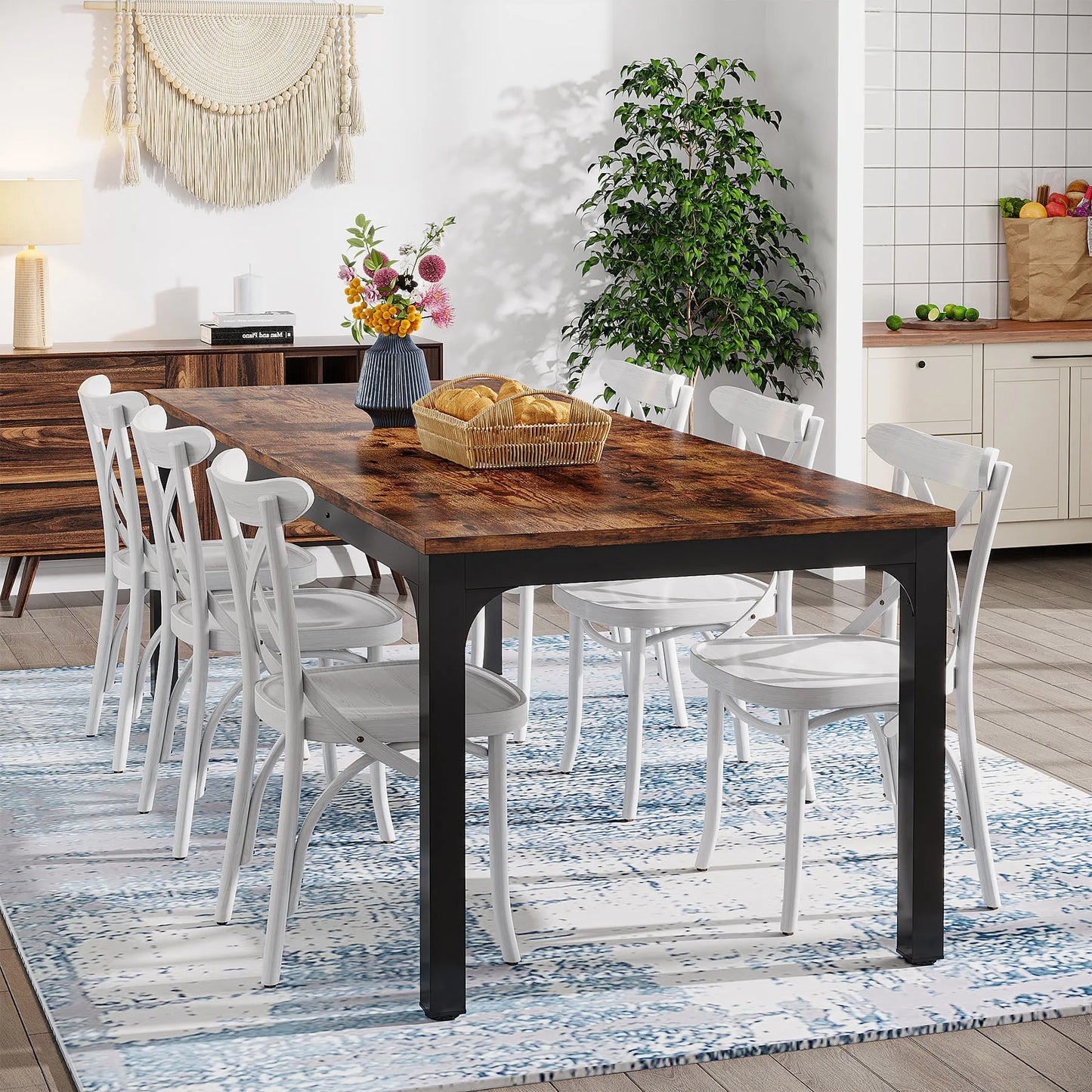 Dining Table for 6-8 People, 200cm Large Narrow Long Rectangular Kitchen Dinner Table, Rustic Wood Dining Table