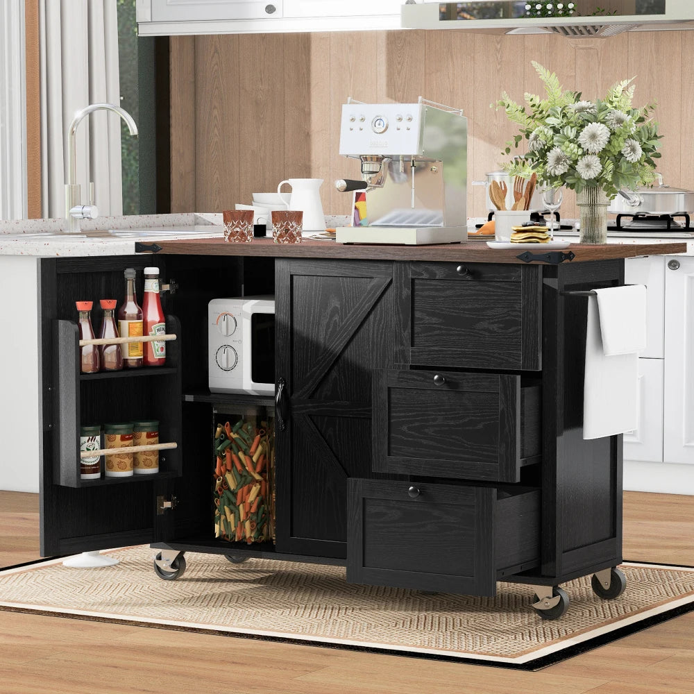54.5" Farmhouse Kitchen Island with Power Outlet, Kitchen Storage Island  with Internal Storage Rack, Drop Leaf, Spice Rack