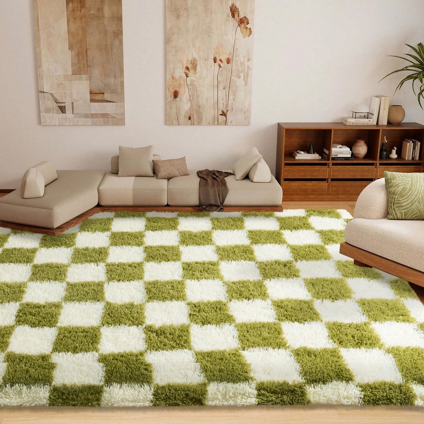 Fluffy Long Shag Plaid Area Rug for Bedroom, Living Room Washable , Super Soft Indoor Plush Rug.