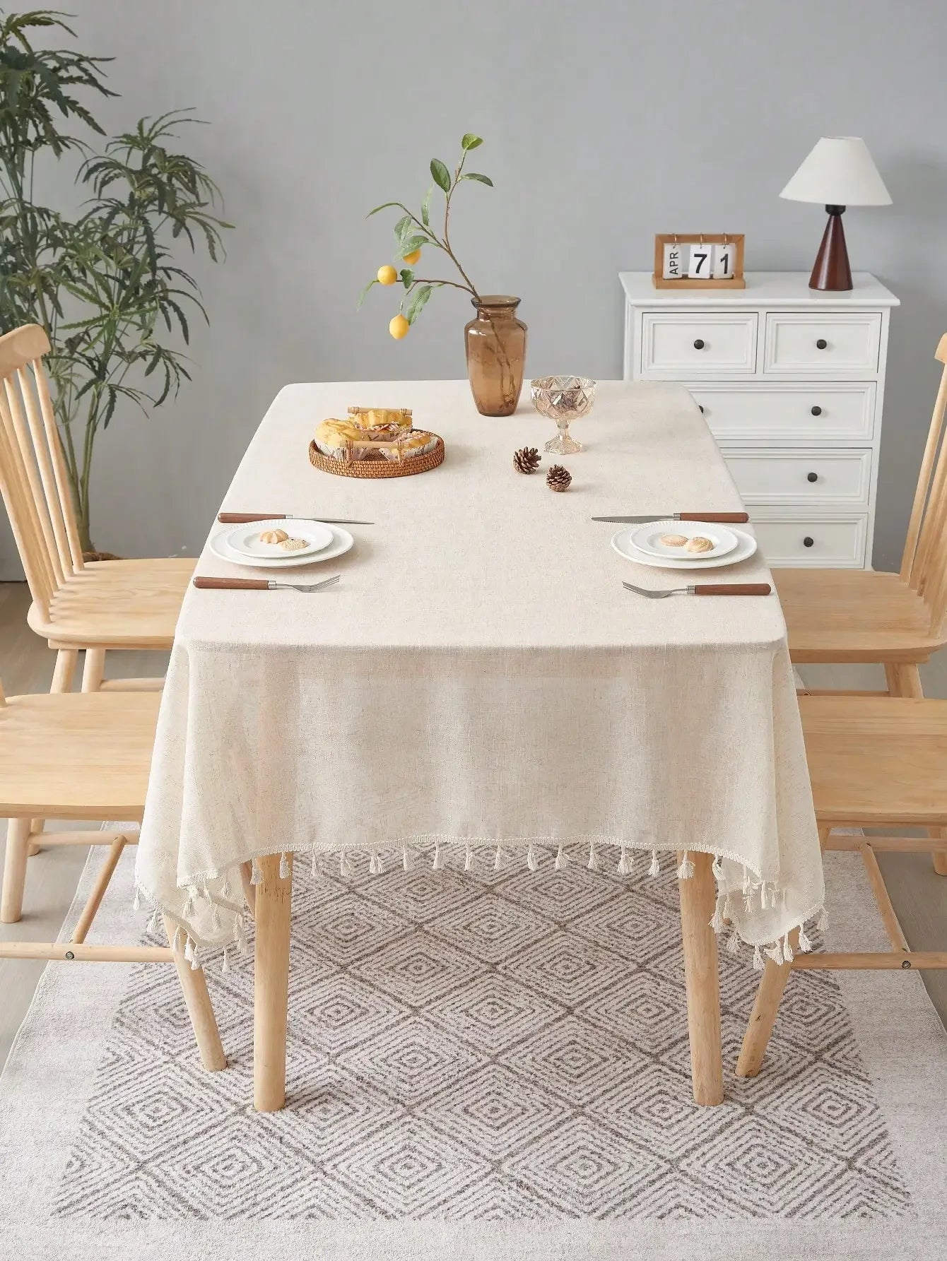 Beige linen square tablecloth, retro countryside style, kitchen living room coffee table