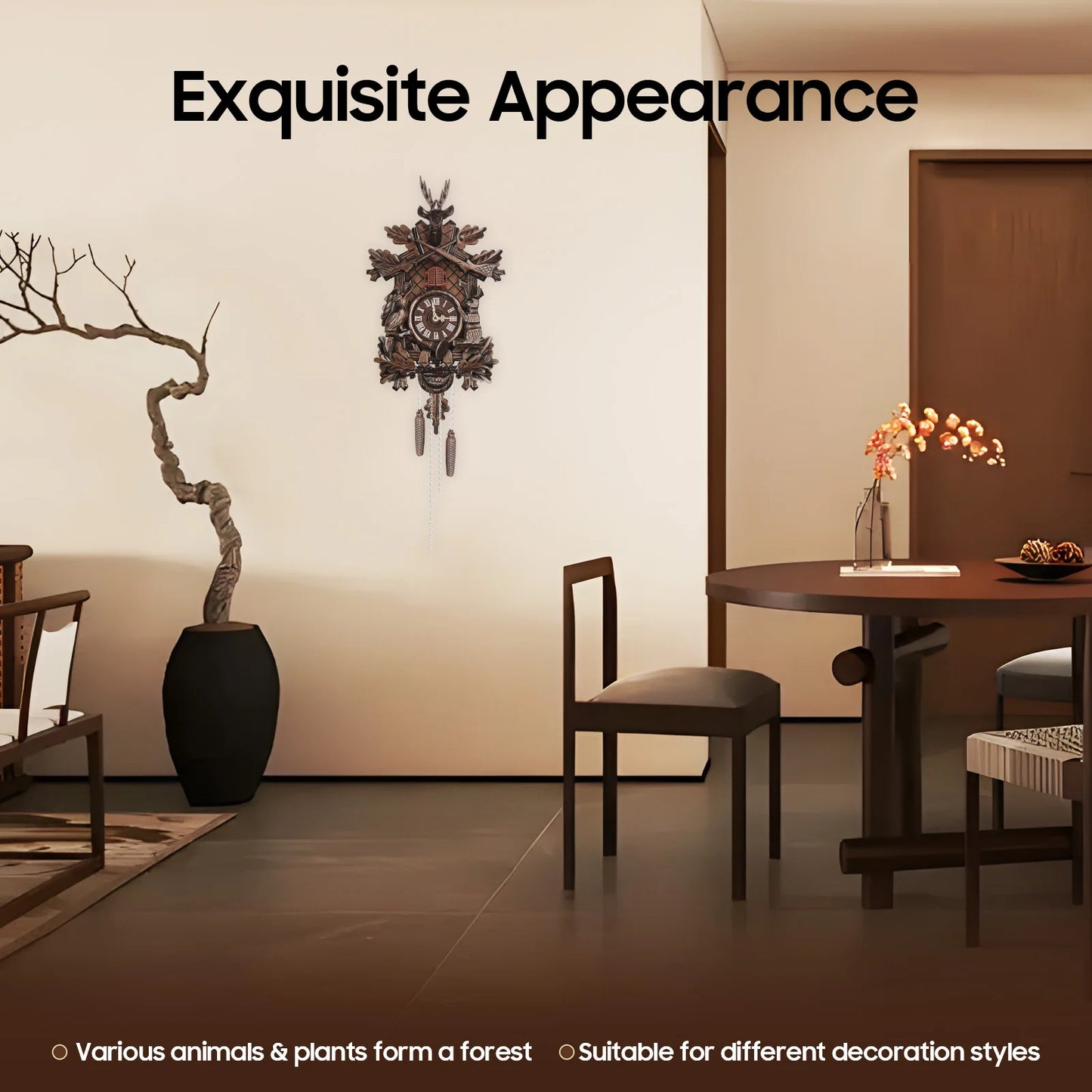 Wooden Cuckoo Clock with Pendulum Bird Automatic Chiming for Living Room Kitchen Office Wall Silent Quartz Movement