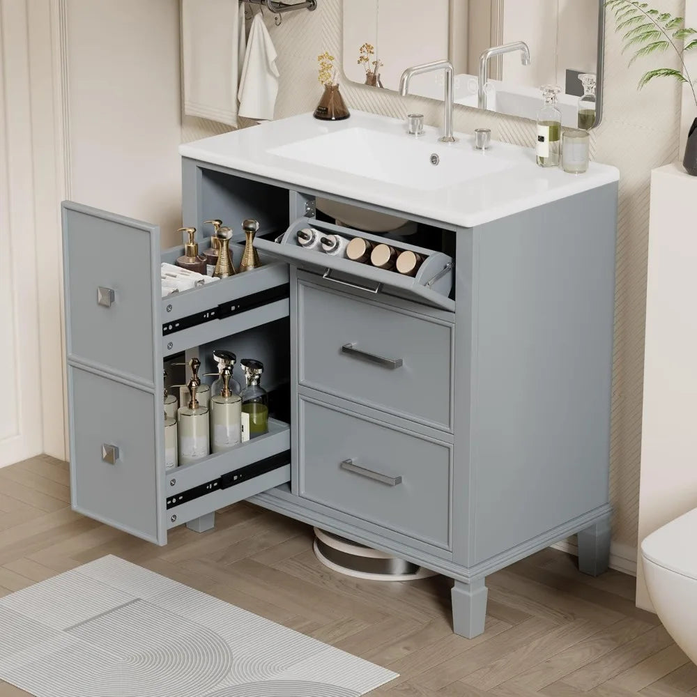 30 inch Bathroom Vanity with Sink, Freestanding Bathroom Vanity Cabinet with Double-Layer Pull Out Drawer