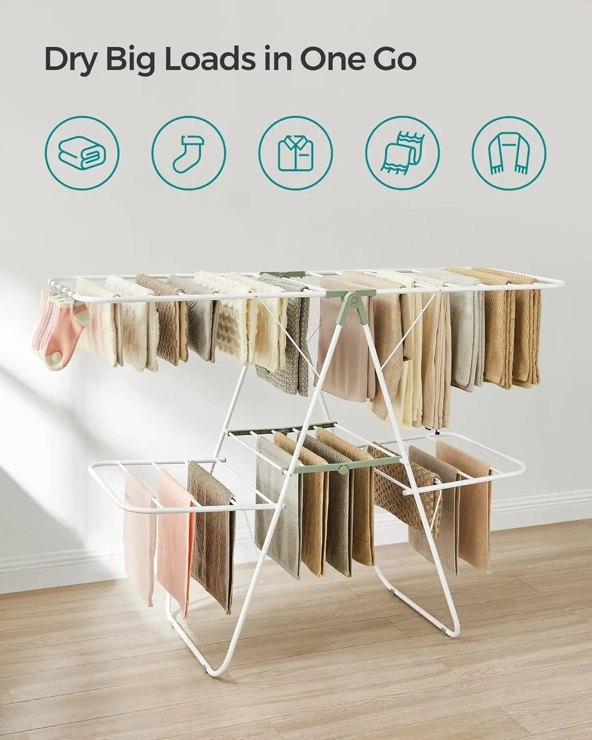 Clothes Drying Rack Foldable 2-Level Laundry Drying Rack Free-Standing Large Drying Rack with Height-Adjustable Wings