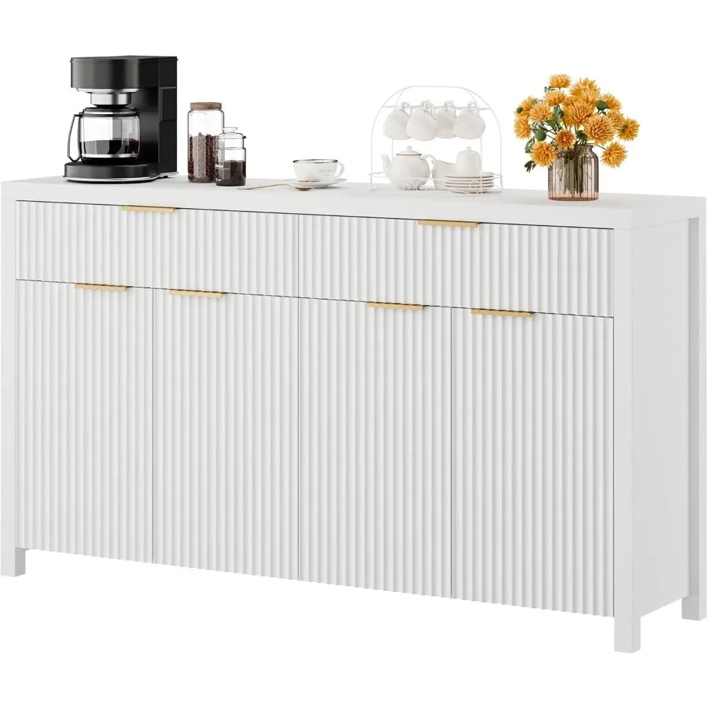 "White Fluted Storage Cabinet with Drawers – Buffet & Sideboard Design with Adjustable Shelves for Kitchen or Living Room"