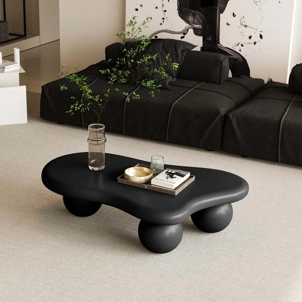 40" Black Modern Coffee Table Cloud Shape Low Center Table with 3 Ball Legs Cute Irregular Indoor Tea Table for Living Room