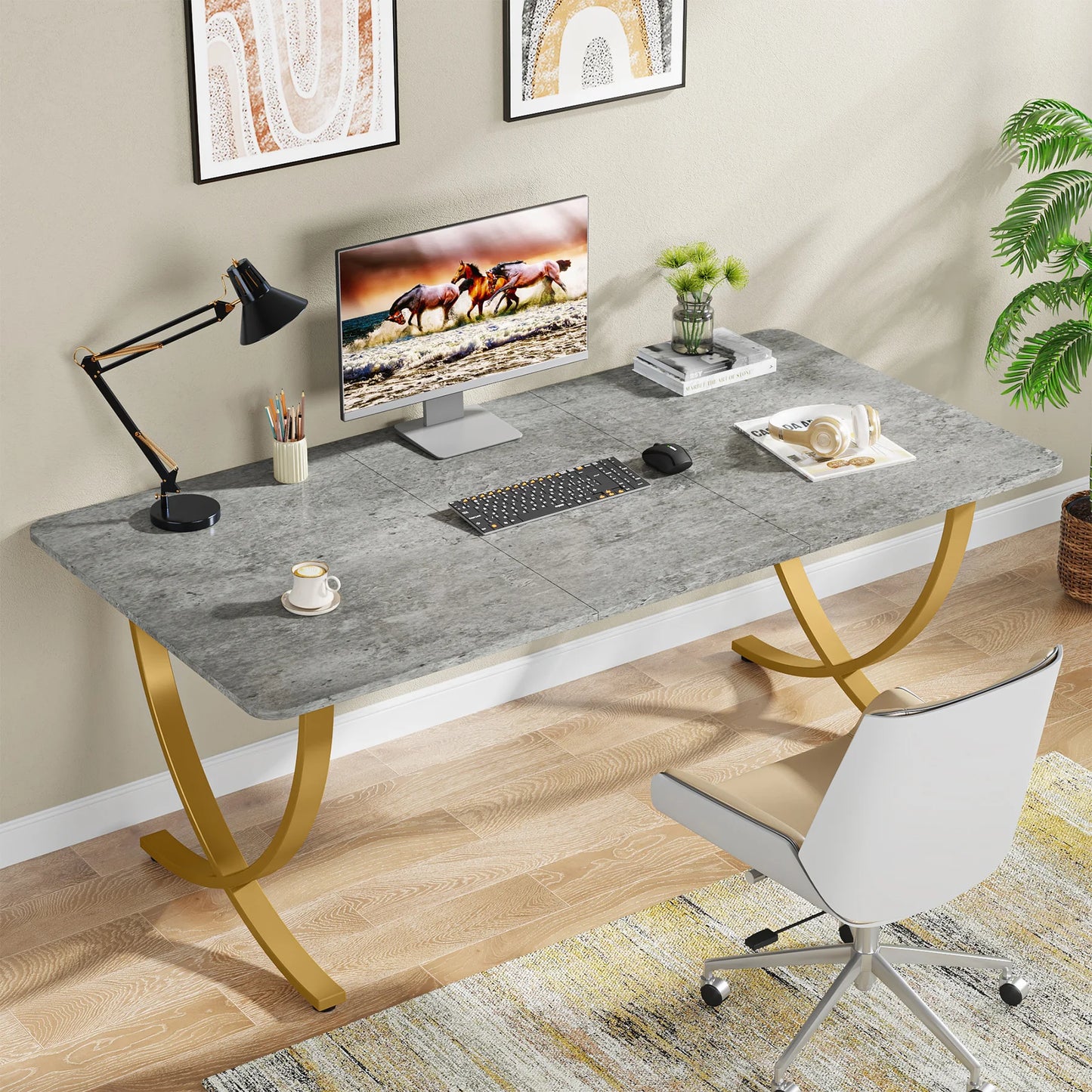 63" Modern Dining Table Kitchen Table with Faux Marble Top