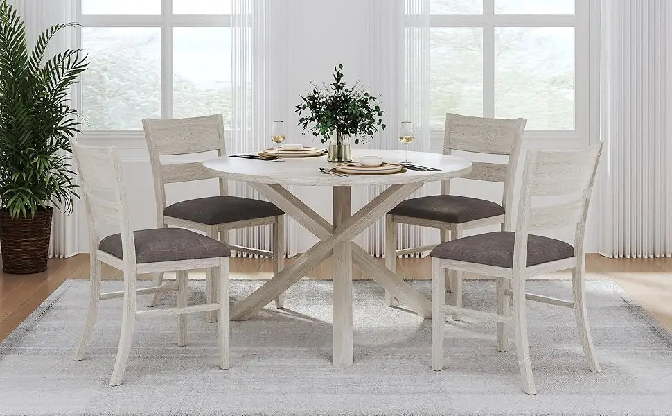4-Piece Solid Wood Dining Table Set for 4-6, Modern Breakfast Dinette Kitchen Table with Chairs
