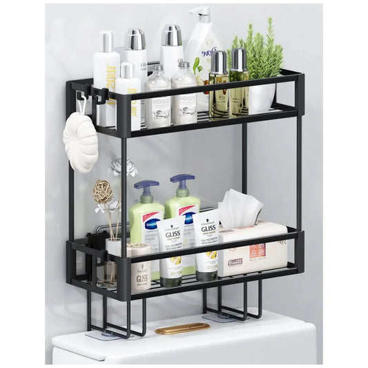 2-Tier Over Toilet Storage Shelf - Wall Mounted with Hooks  Paper Holder, Bathroom Space Saver Organizer for Home,Black