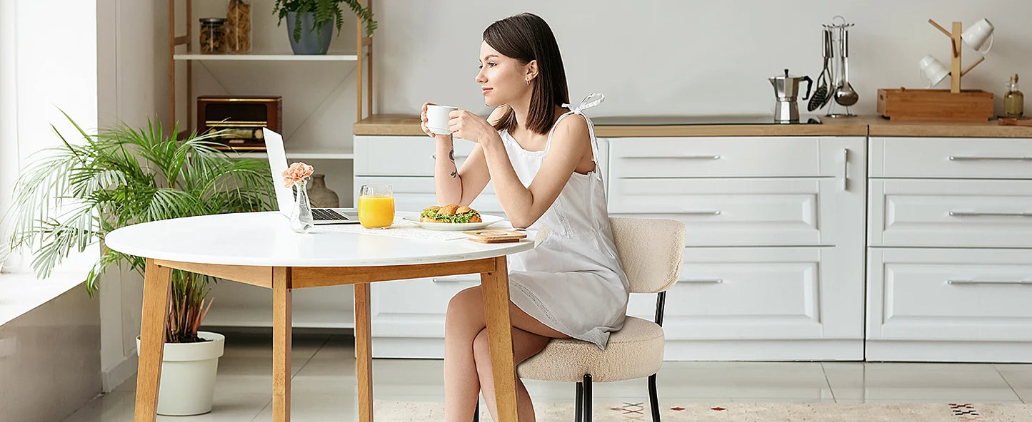 Ergonomic Round Dining Chairs Set of 2 Plush Fabric Kitchen Chairs with Curved Backrest Metal Legs