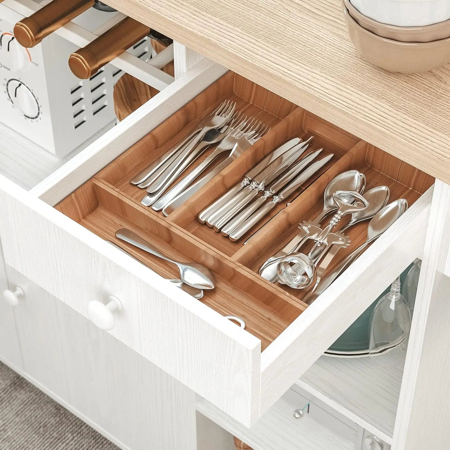 Rolling Kitchen Island Cart with Drop-Leaf & Wine Rack Drawer Shelves & Spice Rack, Microwave Rack Serving Cart on Wheels