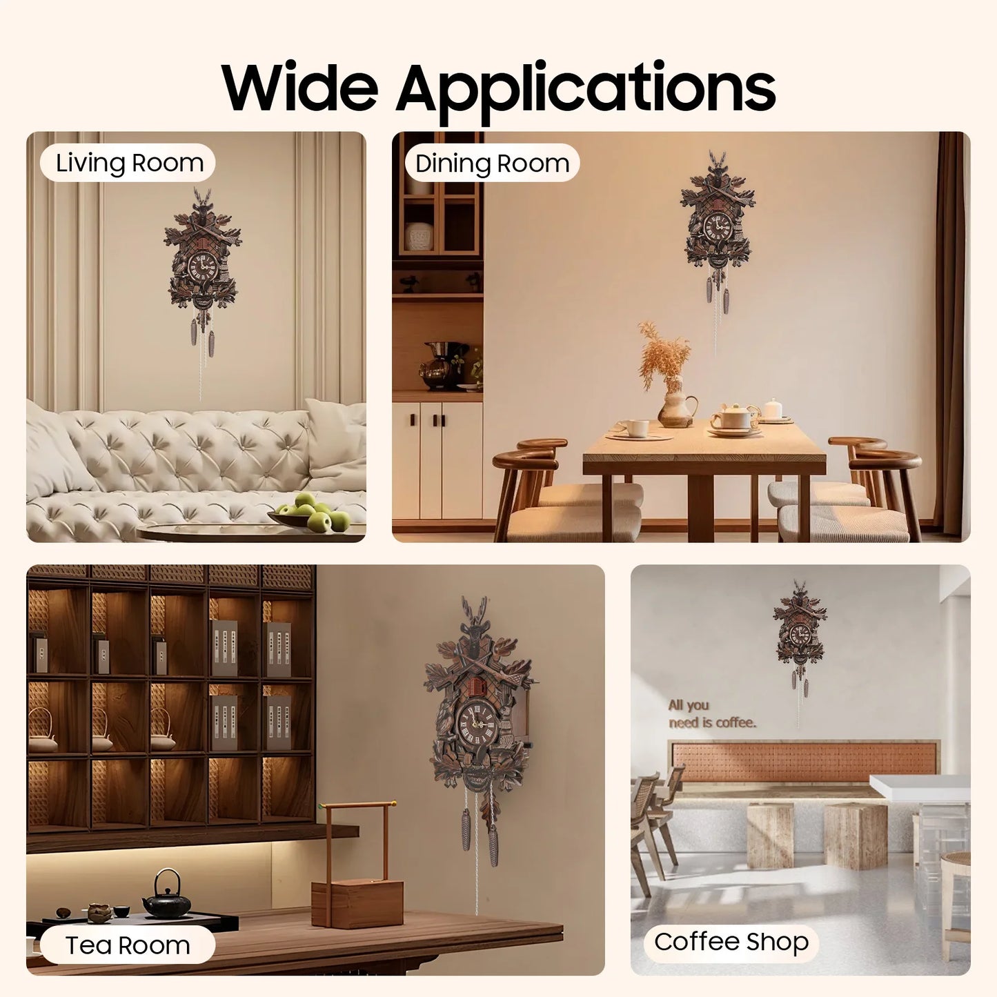 Wooden Cuckoo Clock with Pendulum Bird Automatic Chiming for Living Room Kitchen Office Wall Silent Quartz Movement