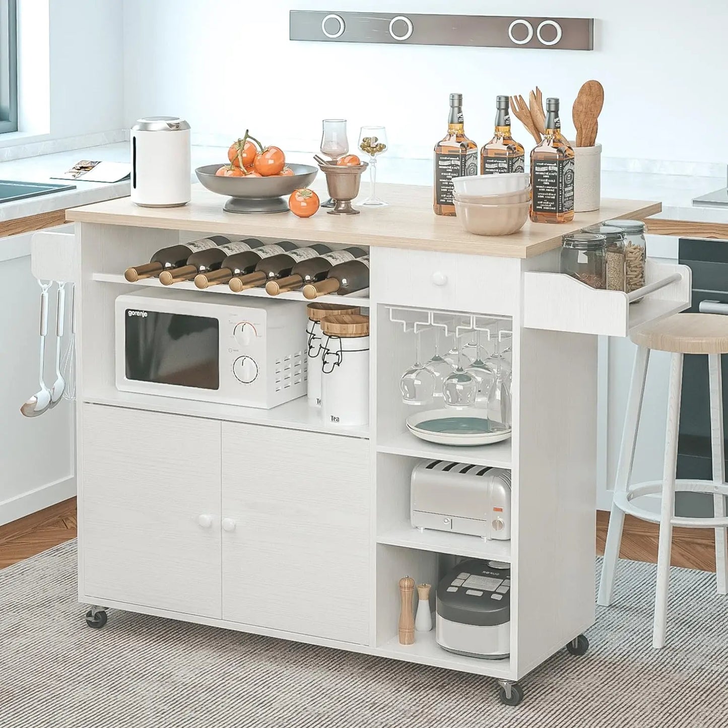 Rolling Kitchen Island Cart with Drop-Leaf & Wine Rack Drawer Shelves & Spice Rack, Microwave Rack Serving Cart on Wheels