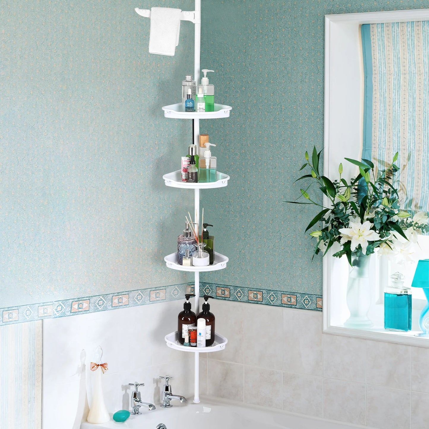 Corner Shower Caddy with Tension Pole 4-Tier Adjustable Shelves Bathroom Storage Organizer with Rubber Pad