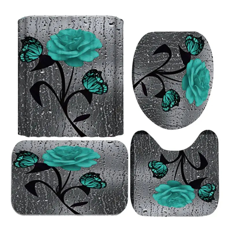 4pcs Set Doormat Shower Curtain with Non-Slip Rugs Toilet Seat Cover Bath Carpet Durable Waterproof