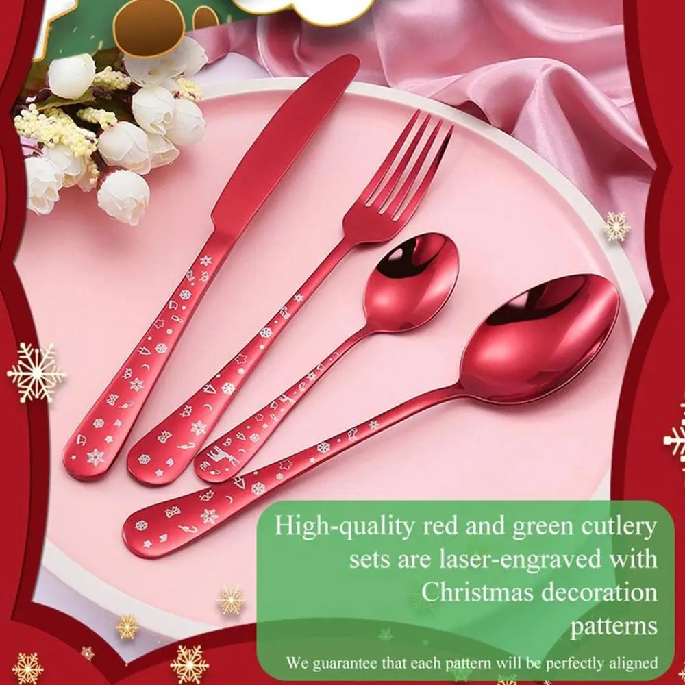 4pcs/set High Quality Christmas Flatware Set Stainless Steel Red Green Dinnerware Knife Fork Spoon Cutlery Dishwasher Safe