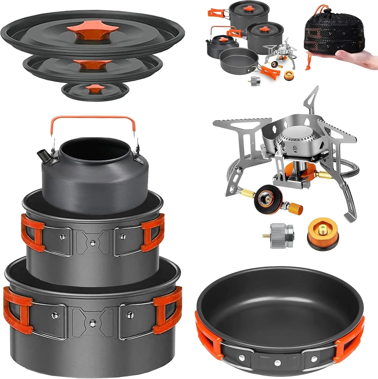 Camping Cookware Mess Kit Set with Stove - Backpacking Camping Pots and Pans Set All in One Non-Stick Camping Cooking Set