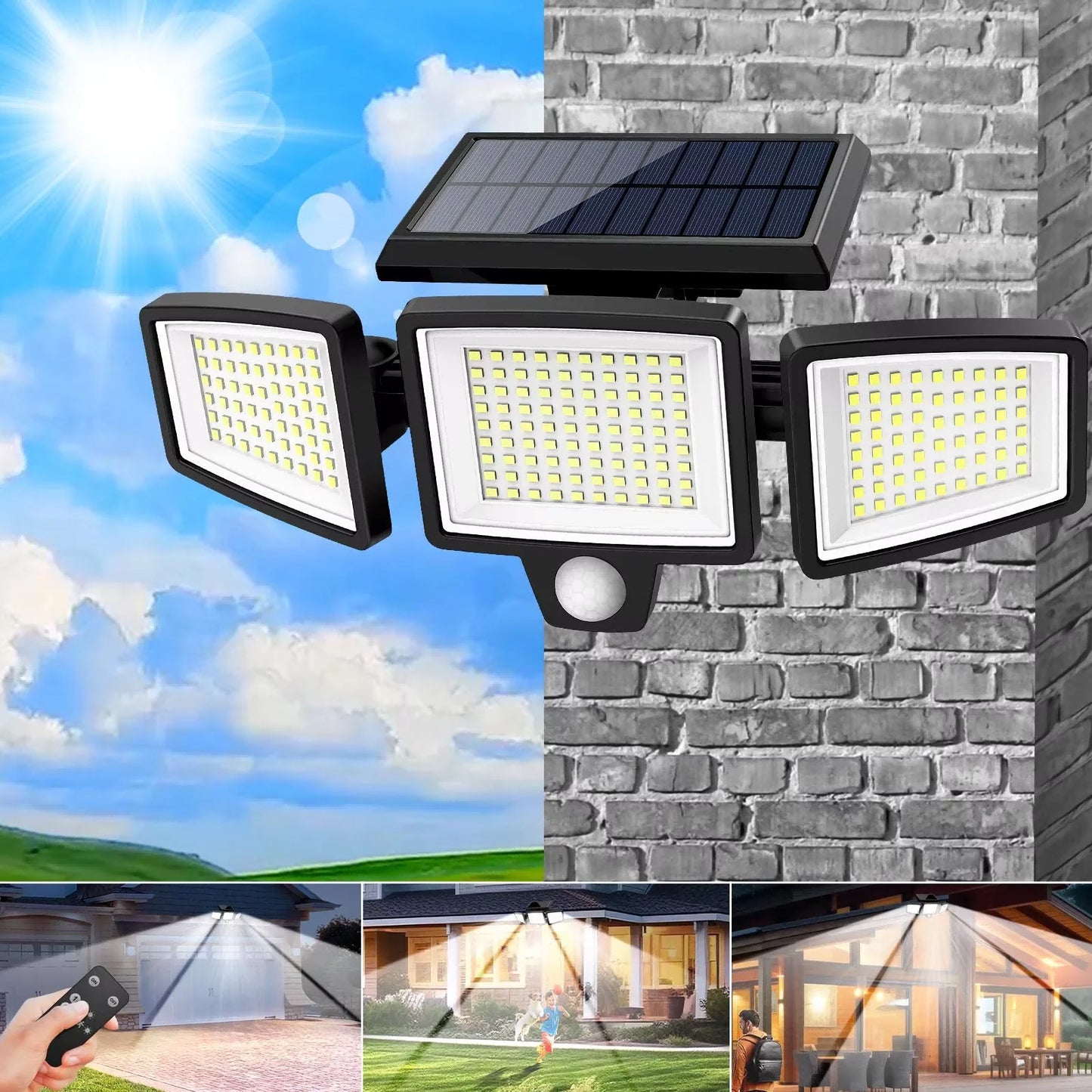 (5/4/3/2/1 pcs) 3-Head Solar Outdoor Light, Motion Sensor Security Light with Wireless Remote Control