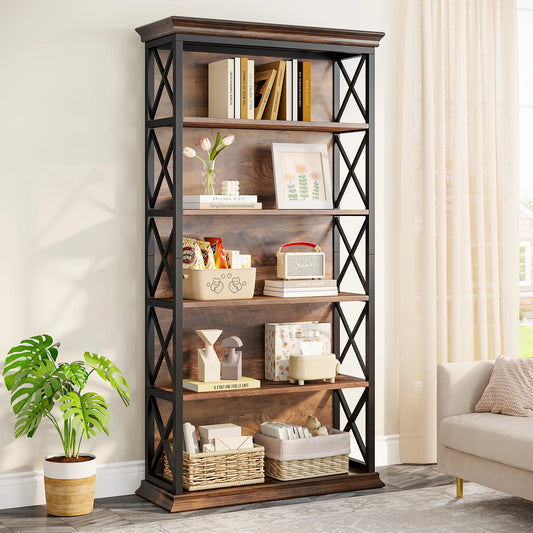 6-Tier Bookcase, 71 Inches Industrial Bookshelves and Bookcases, Floor Standing 5 Shelf Display Storage Shelves