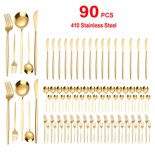90Pcs Gold Stainless Steel Silverware - Heavy Duty Cutlery, 420 Stainless Steel Tableware Set for Wedding, Buffets, Restaurants