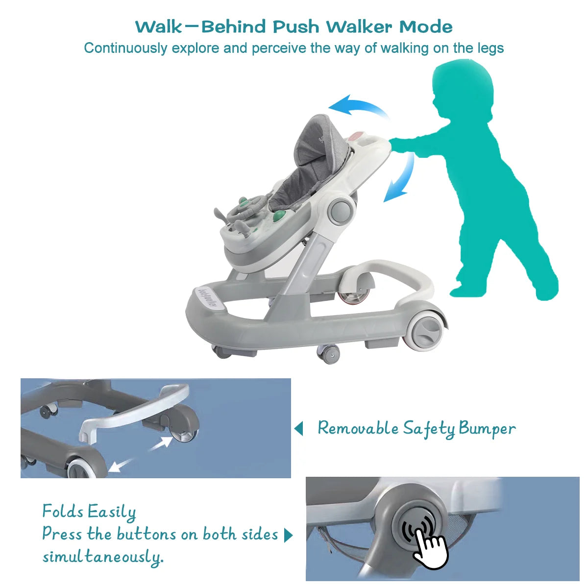 Push Walker with Detachable Feeding and Music Trays, Foldable Learning Toy for Infants and Toddlers, 2 In 1 Walker