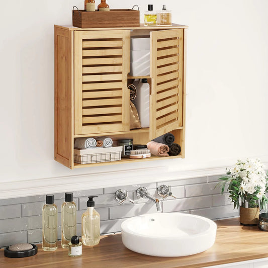 Bathroom Wall Cabinet Storage Shelf Bamboo Medicine Cabinet with with 2 Doors Adjustable Shelf