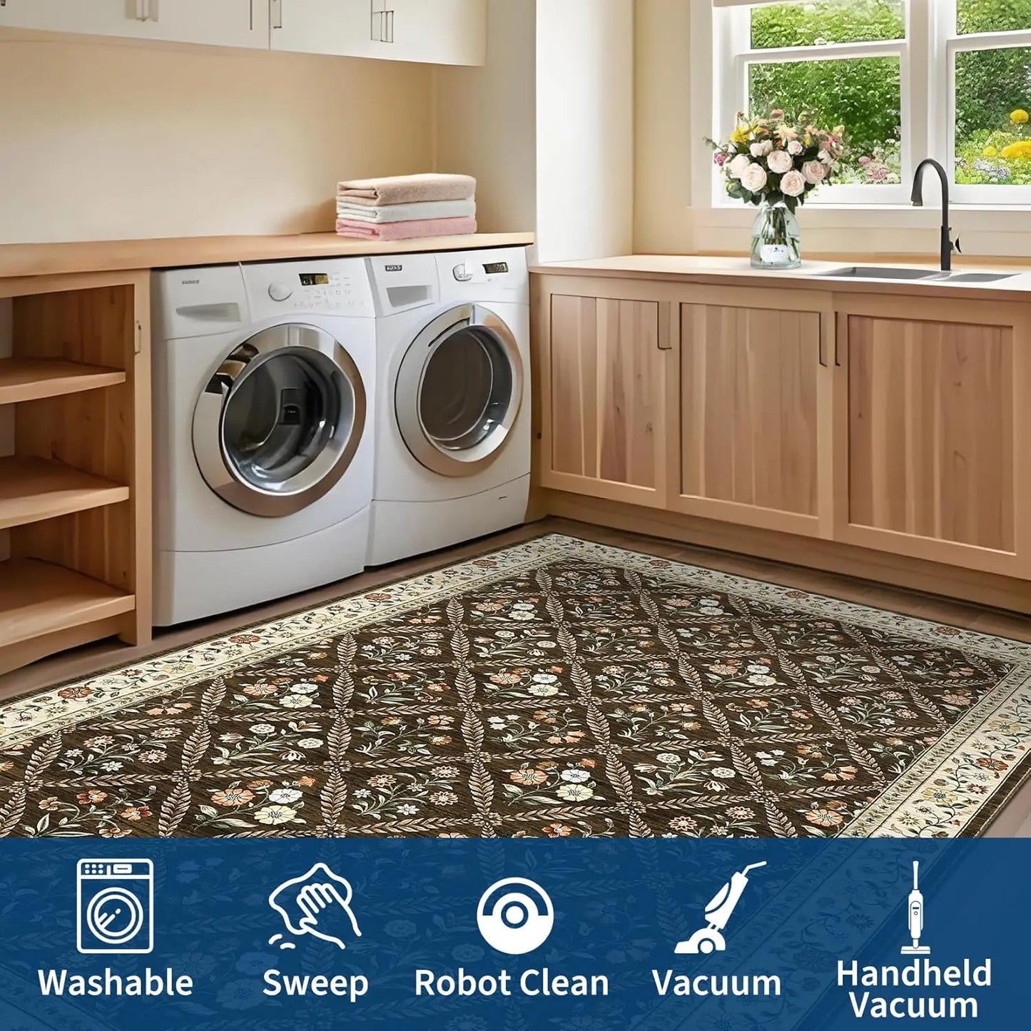 Vintage Washable Area Rugs for Living Room Soft Low-Pile Non-Slip Carpet  for Bedroom Dining Room Home Office