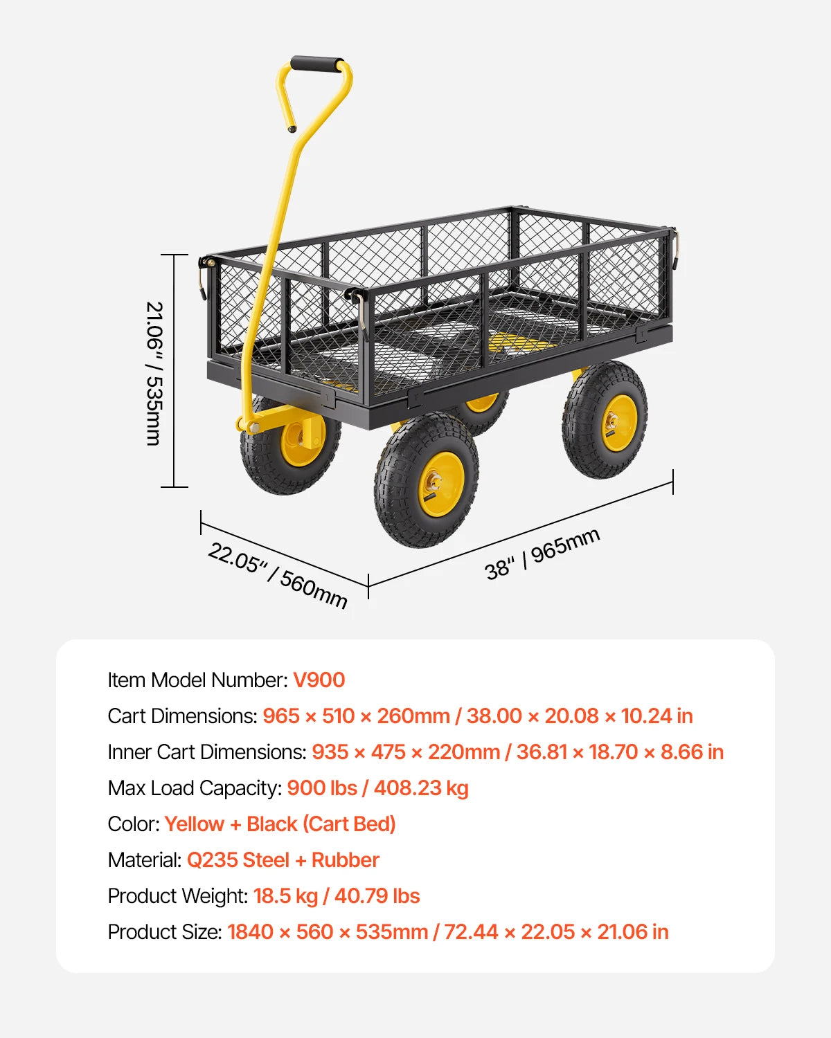 Steel Garden Cart  on Wheels Metal Yard Wagon Cart W/ All Terrain Tires Mesh Removable Sides and Rotating Handle
