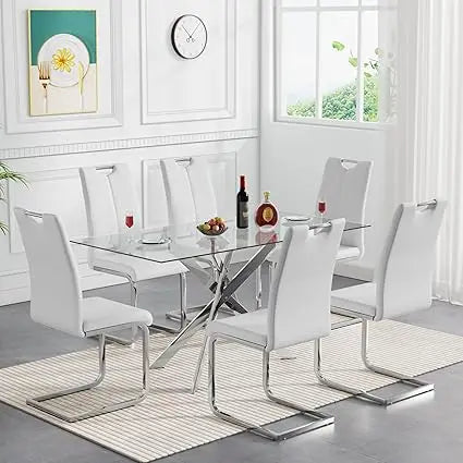 Glass Dining Table Set for 4, 5-Piece Modern Kitchen Table Set with 4 High-Back PU Leather Upholstered Chair for Kitchen Dining