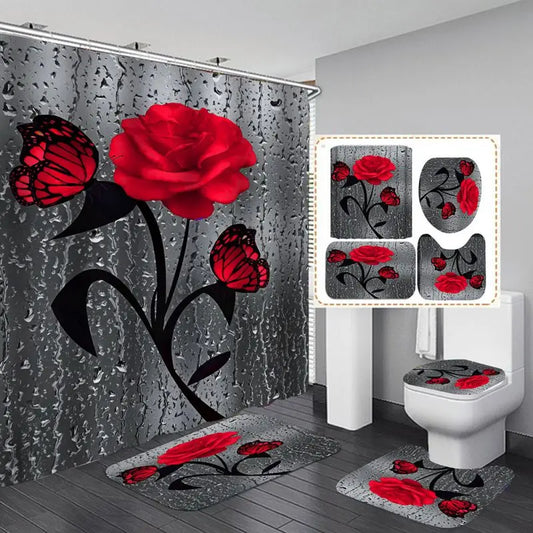 4pcs Set Doormat Shower Curtain with Non-Slip Rugs Toilet Seat Cover Bath Carpet Durable Waterproof