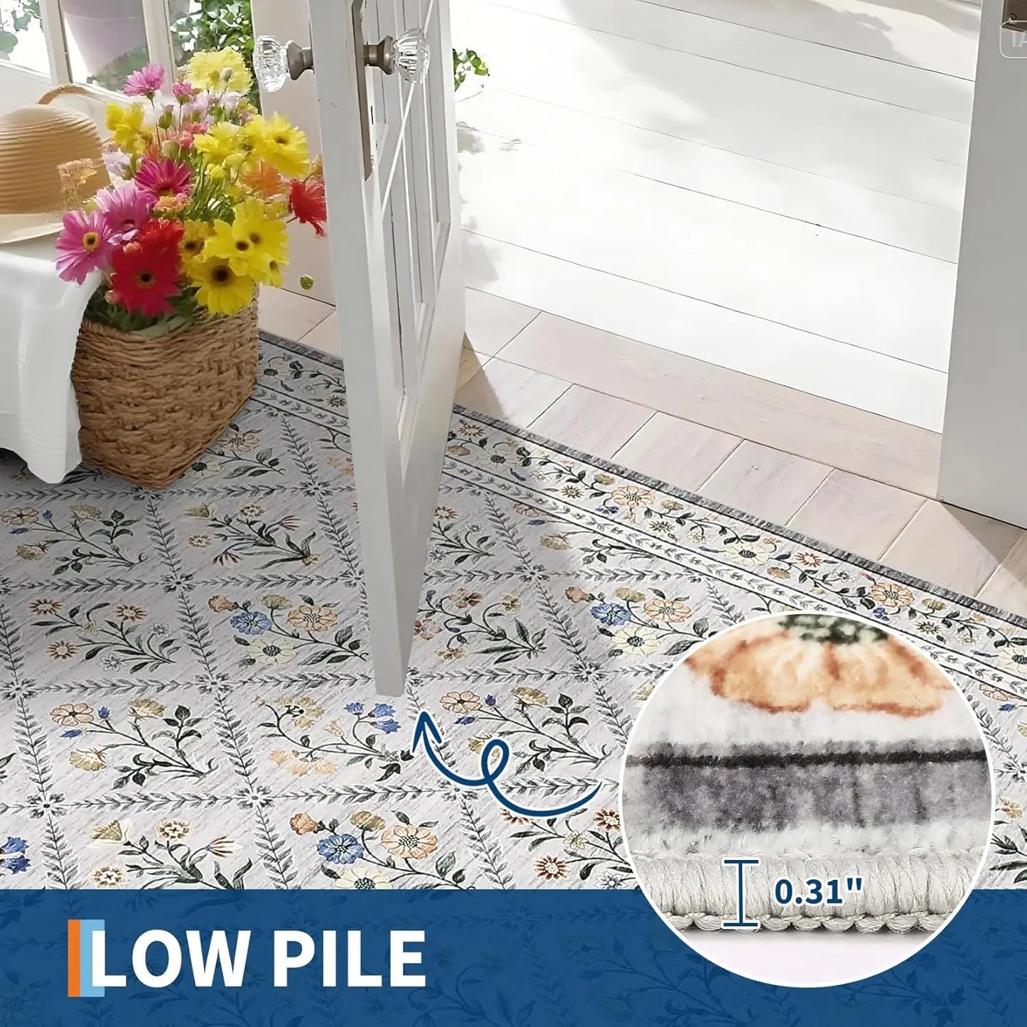 Vintage Washable Area Rugs for Living Room Soft Low-Pile Non-Slip Carpet  for Bedroom Dining Room Home Office