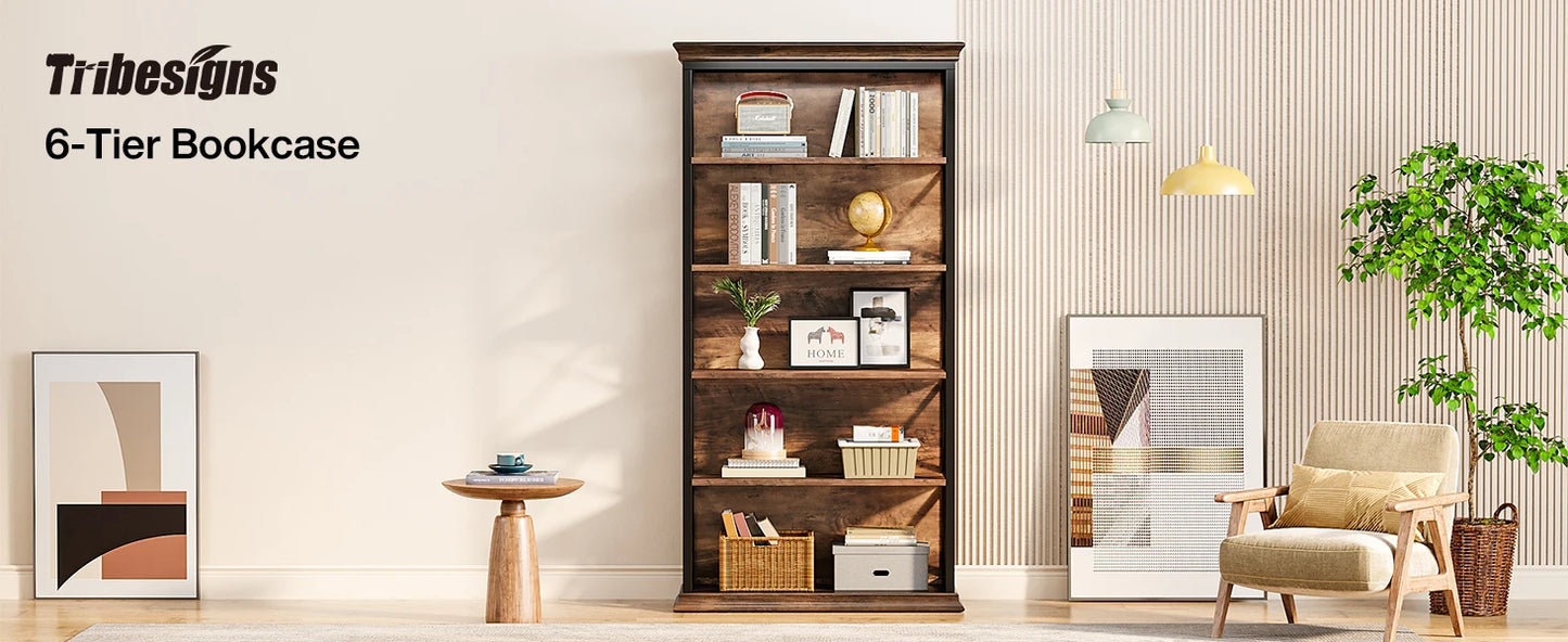6-Tier Bookcase, 71 Inches Industrial Bookshelves and Bookcases, Floor Standing 5 Shelf Display Storage Shelves