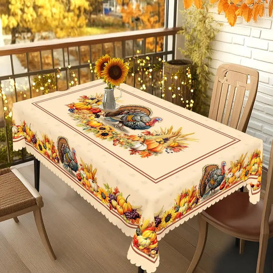 Fall Thanksgiving tablecloth with turkey, pumpkin and sunflower pattern, rectangular and round autumn harvest tablecloths