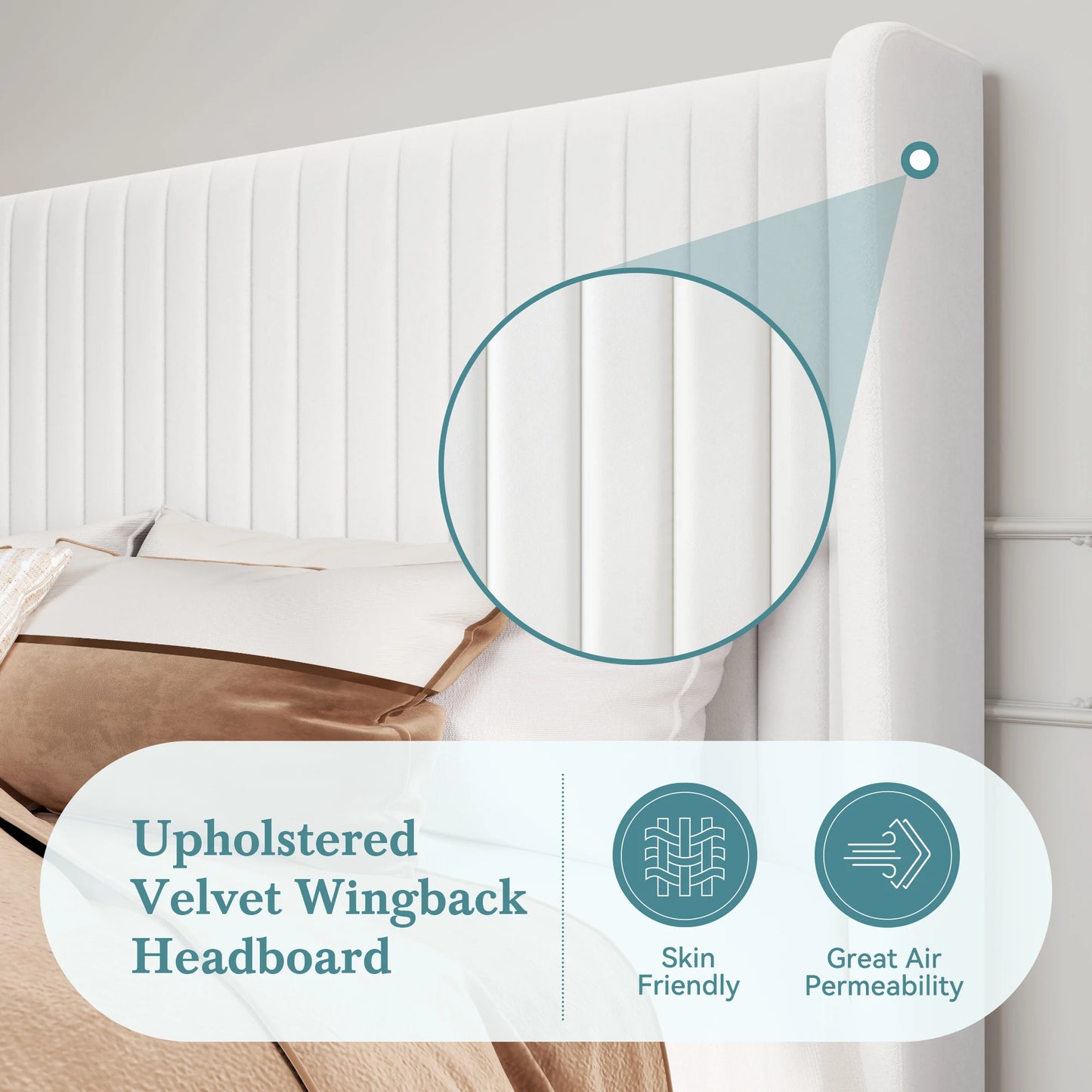 Velvet Upholstered Bed Frame, Vertical Channel Tufted Wingback Headboard, Wooden Slats