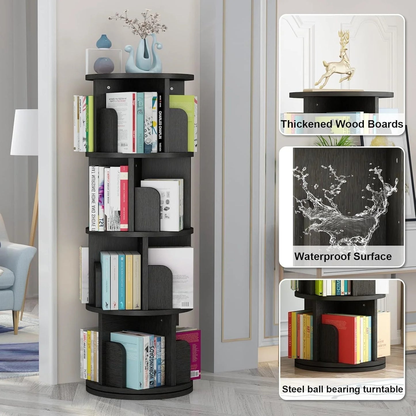 4 Tier Rotating Bookshelf Tower Floor Standing Storage Rack 360 Degree Revolvin Bookcase  Narrow Bookshelf Organizer for Home