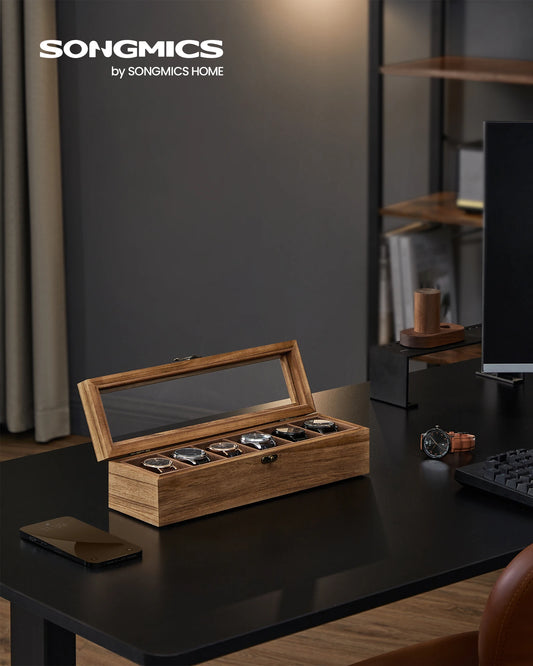 Watch Box, 6-Slot Watch Case, Solid Wood Watch Box Organizer with Glass Lid, Watch Display Case with Removable Pillows