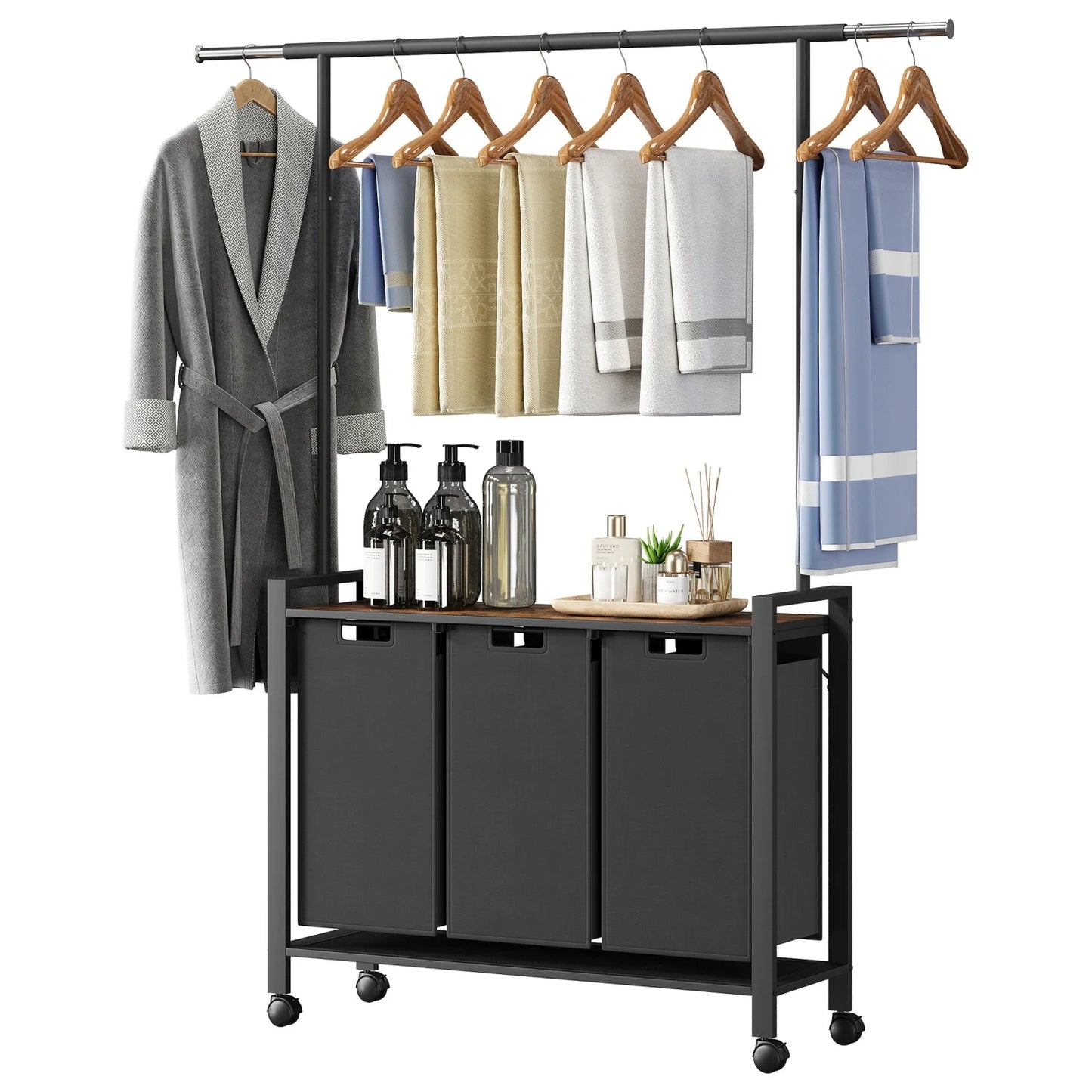 Laundry Sorter With Extendable Hanging Bar Laundry Basket With Wheels And Shelf, Laundry Room Organization And Storage