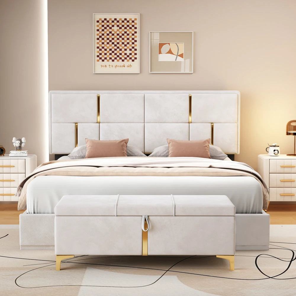 2-Pieces Bedroom Sets,Queen Size Upholstered Platform Bed with Hydraulic Storage System,Storage Ottoman with Metal Legs,Beige
