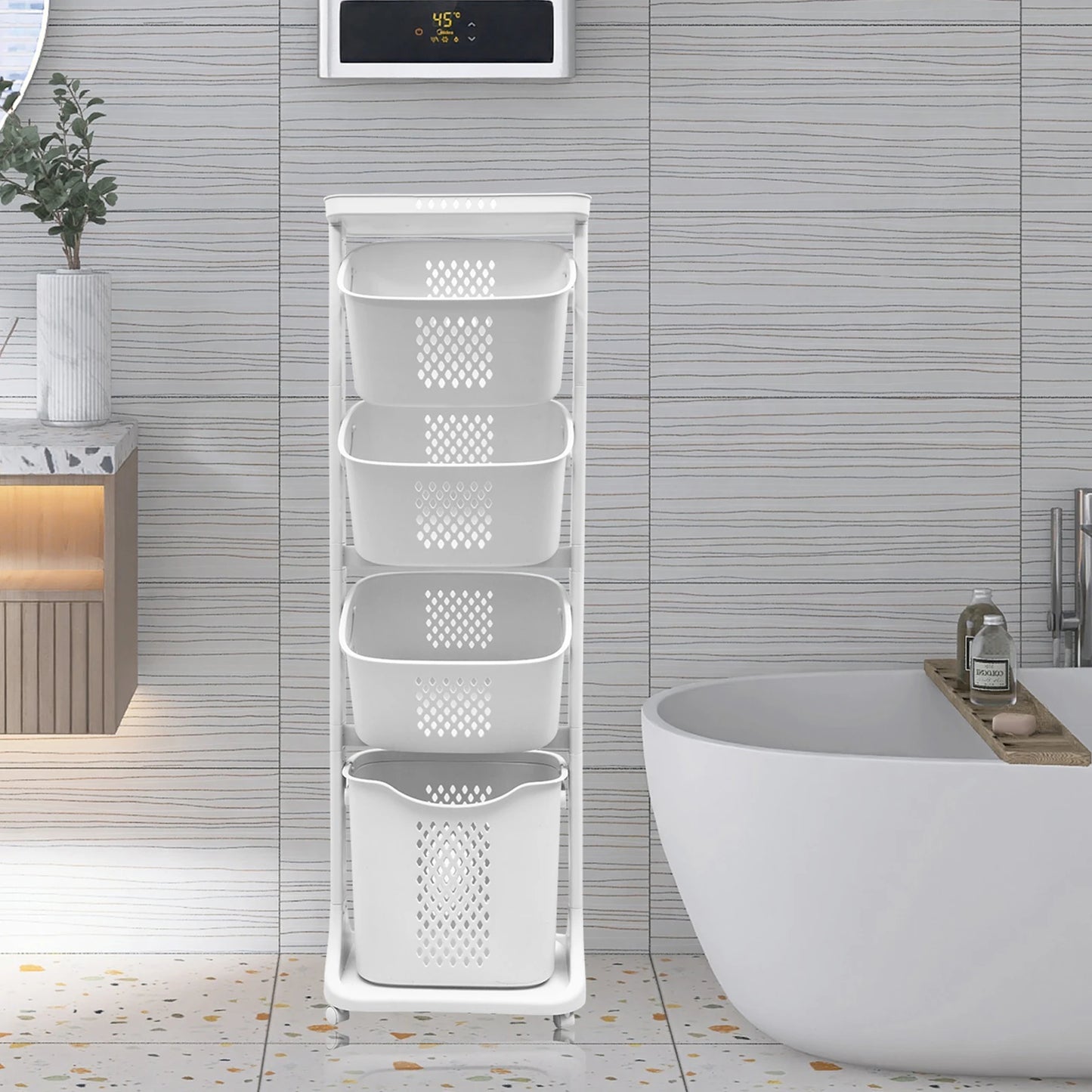 2/4 Tier Laundry Basket Cart Removable Storage Buckets Plastic Hamper with 4 Wheels White