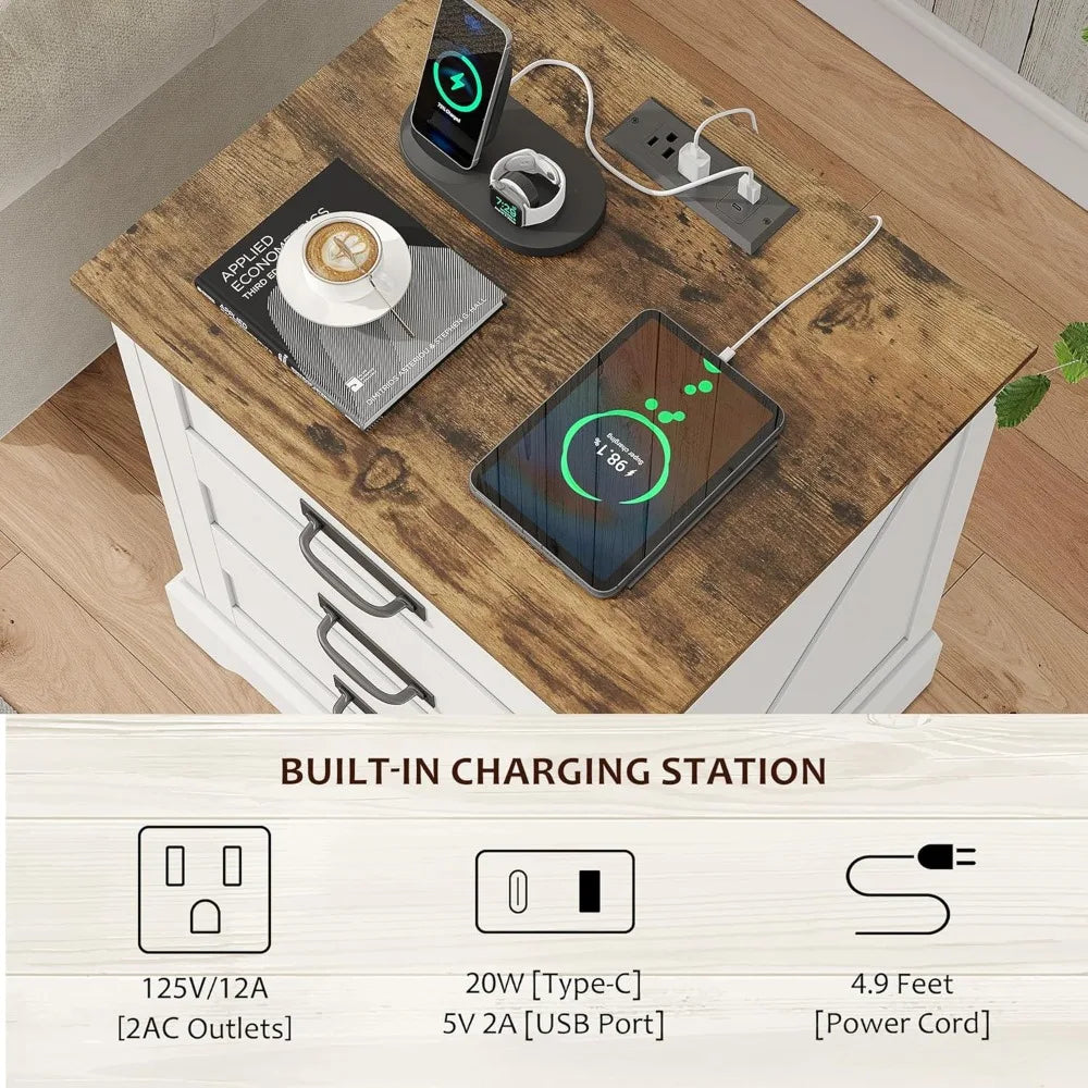 Farmhouse Nightstand with Charging Station, 3 Drawers Bedside Table