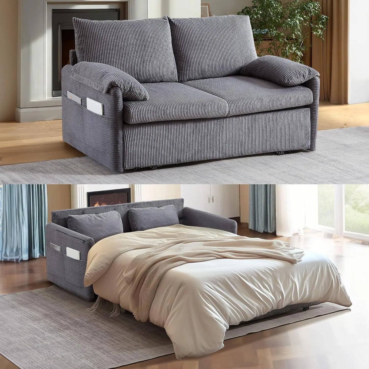 Queen Size Pull Out Couch Sleeper Sofa Bed, 3-in-1 Convertible Futon Couch for Living Room with Storage Pockets & Arm Pillows
