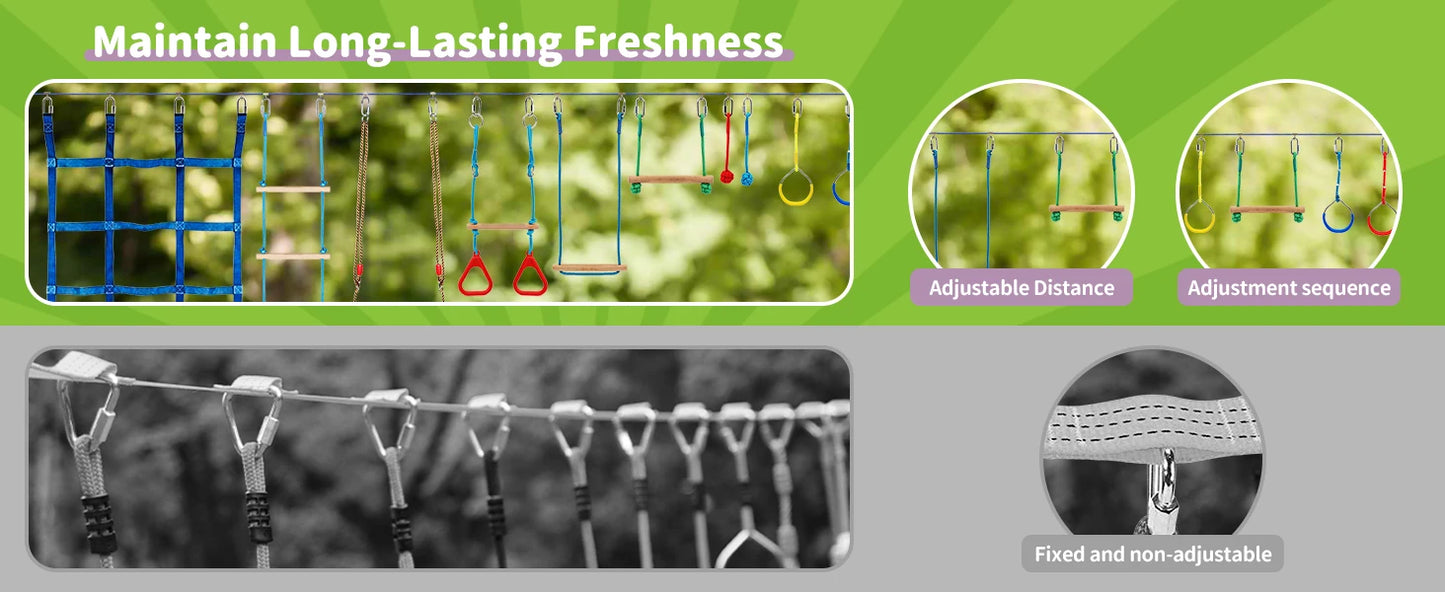 Warrior Obstacle Course For Kids And Adults - 65FT Slackline With Tree Climbing Rock Holds, Swing Seat, Monkey Bars, Ring Wheel,