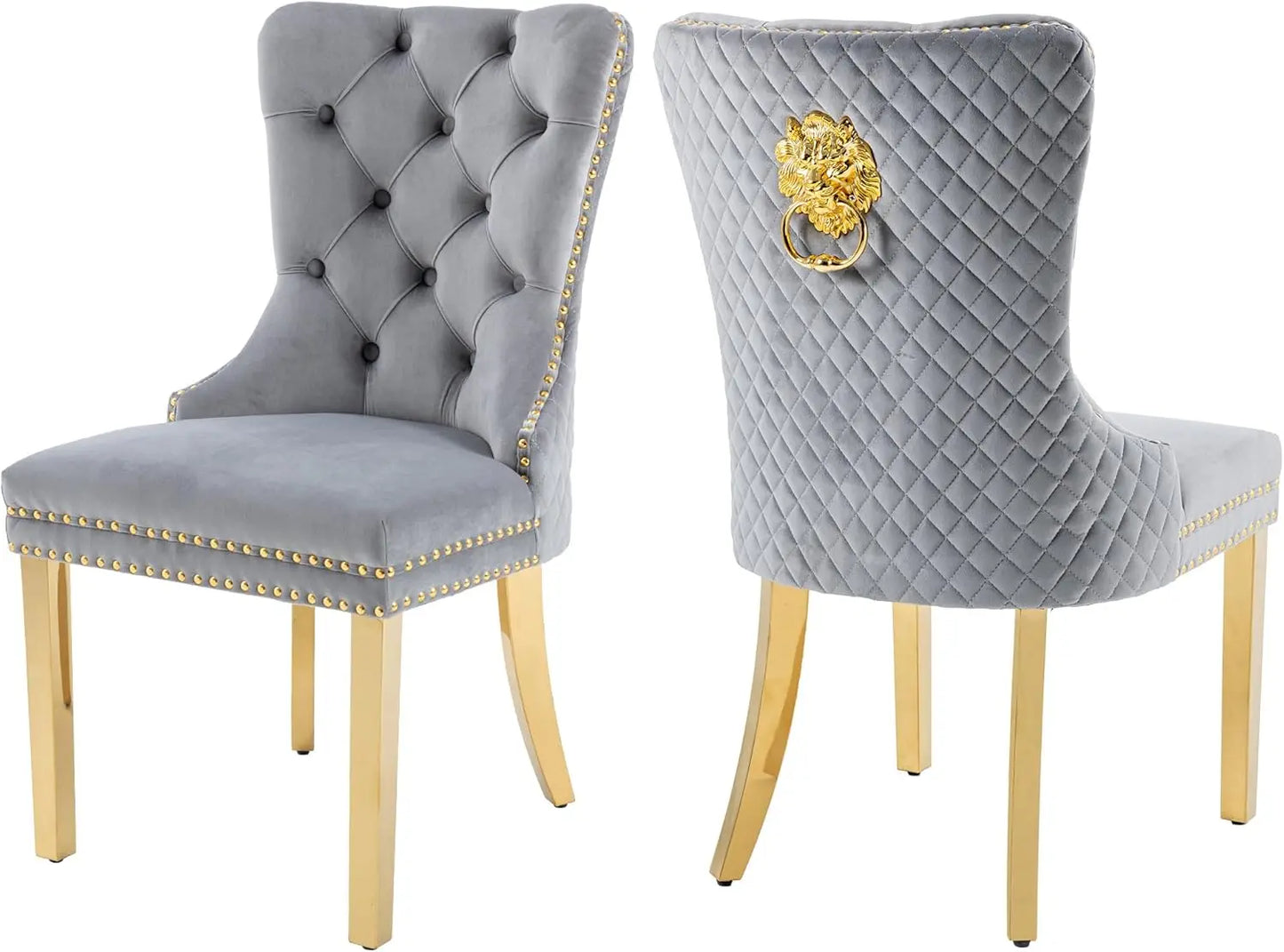 Velvet Dining Chairs Set of 2,  Dining Room Chairs with Gold Metal Legs and Lion Head Pull Ring