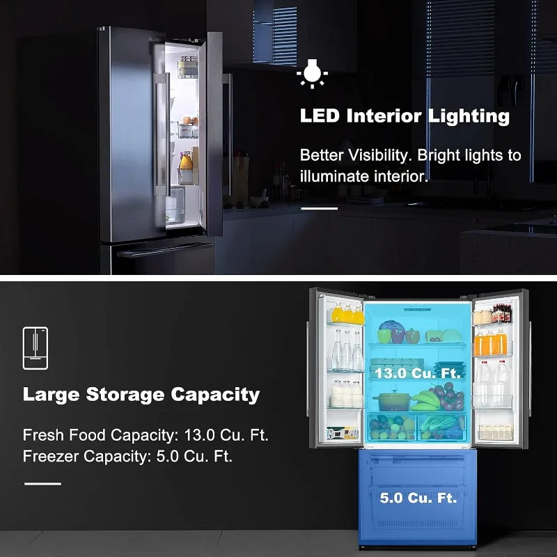 French Door Refrigerator with Installed Ice Maker and Bottom Freezer Adjustable Electrical Thermostat Control