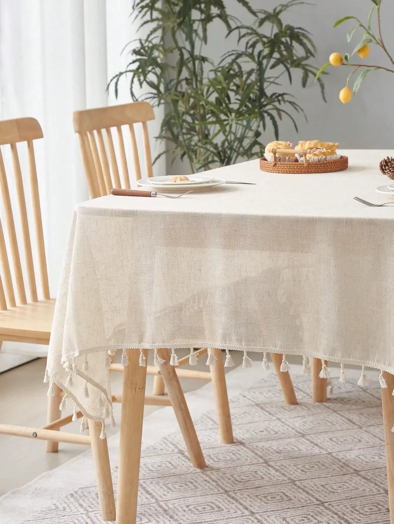 Beige linen square tablecloth, retro countryside style, kitchen living room coffee table