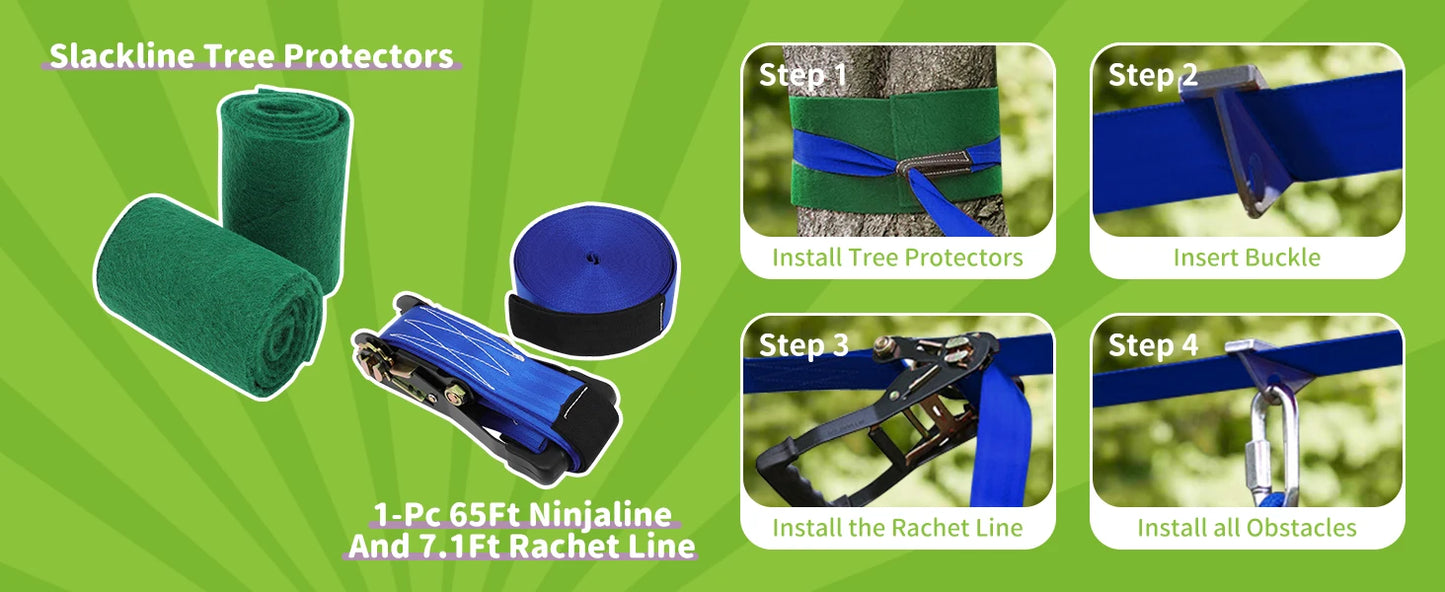 Warrior Obstacle Course For Kids And Adults - 65FT Slackline With Tree Climbing Rock Holds, Swing Seat, Monkey Bars, Ring Wheel,