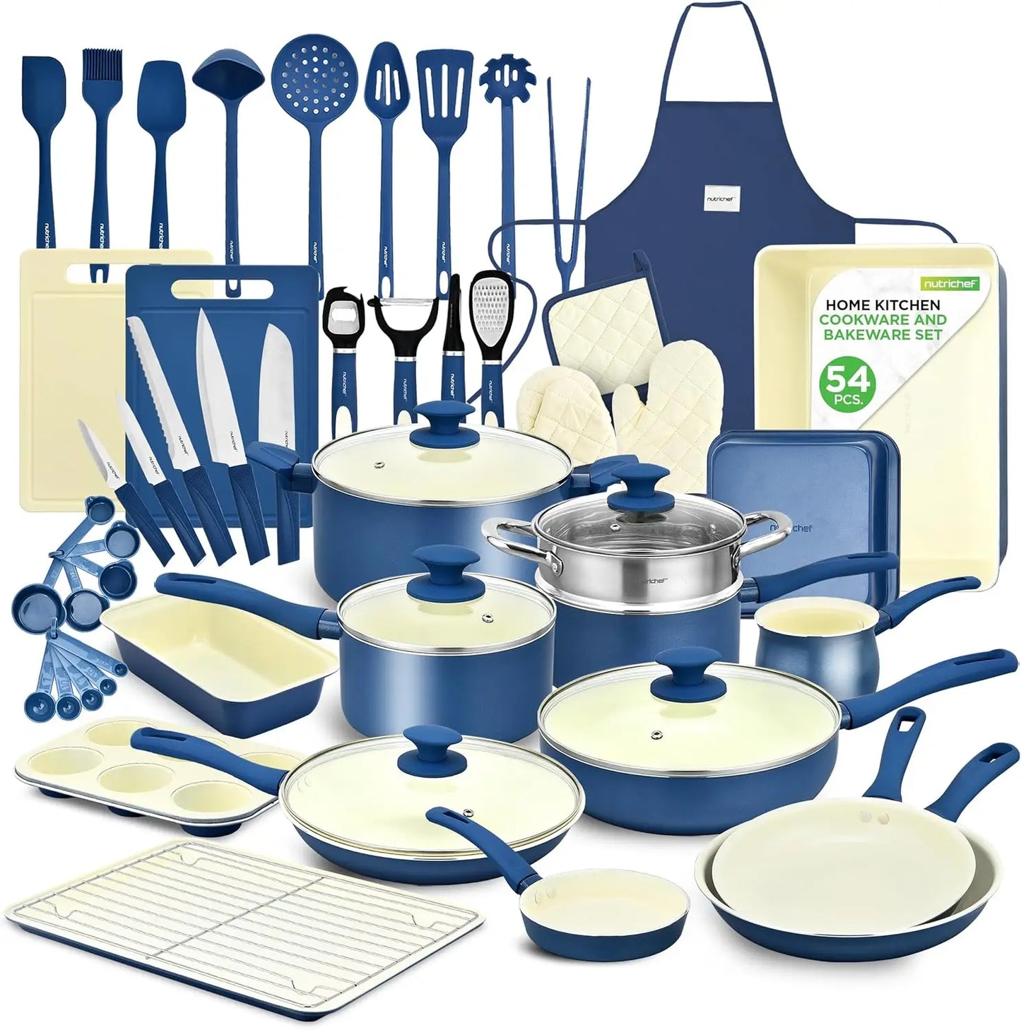 54 Piece Professional Grade Complete Home Kitchen Cookware Set, Ceramic Non-Stick Bakeware, Pots and Pans Kit,
