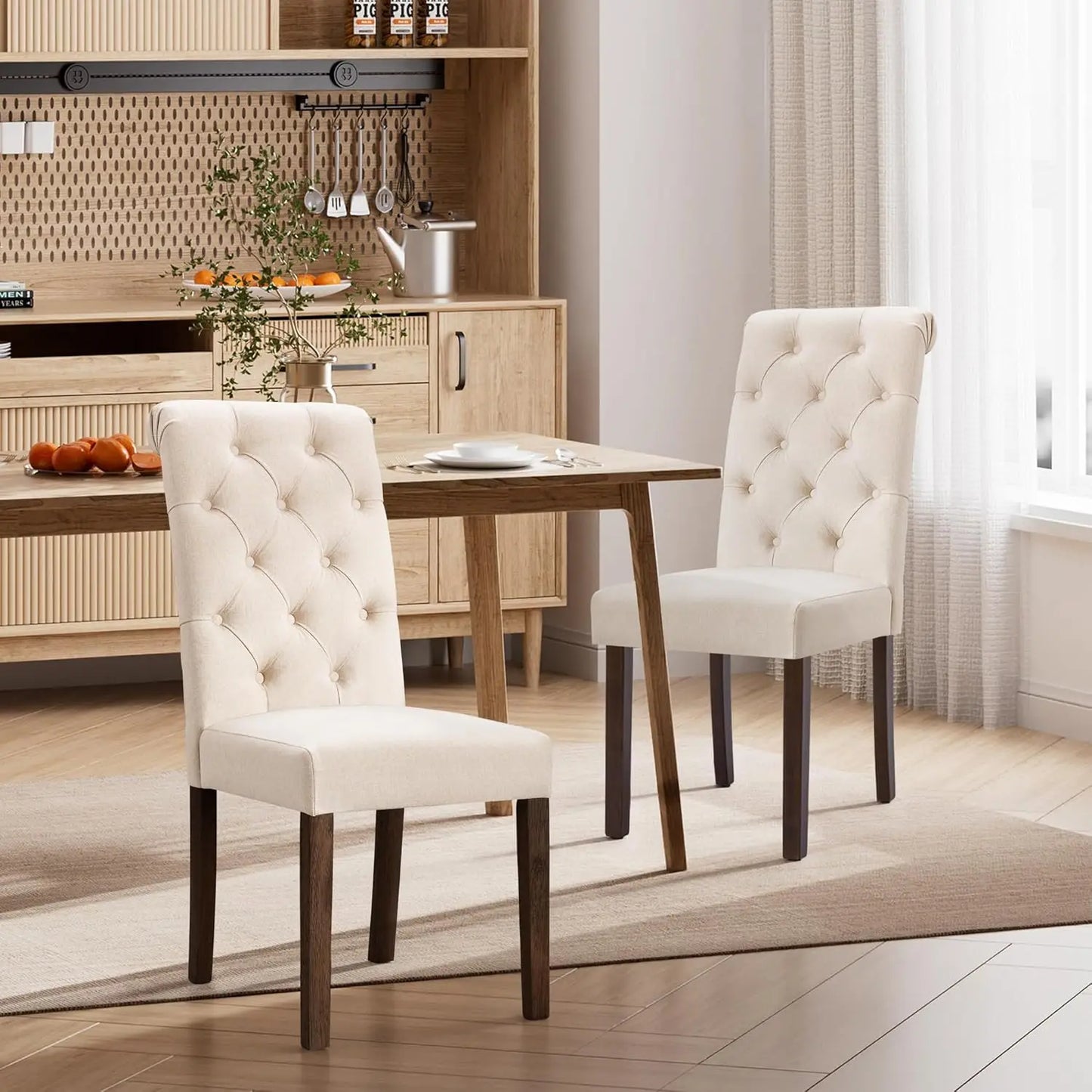 Dining Chairs Set of 6, Button Tufted Parsons Upholstered Chairs with Solid Wood Legs