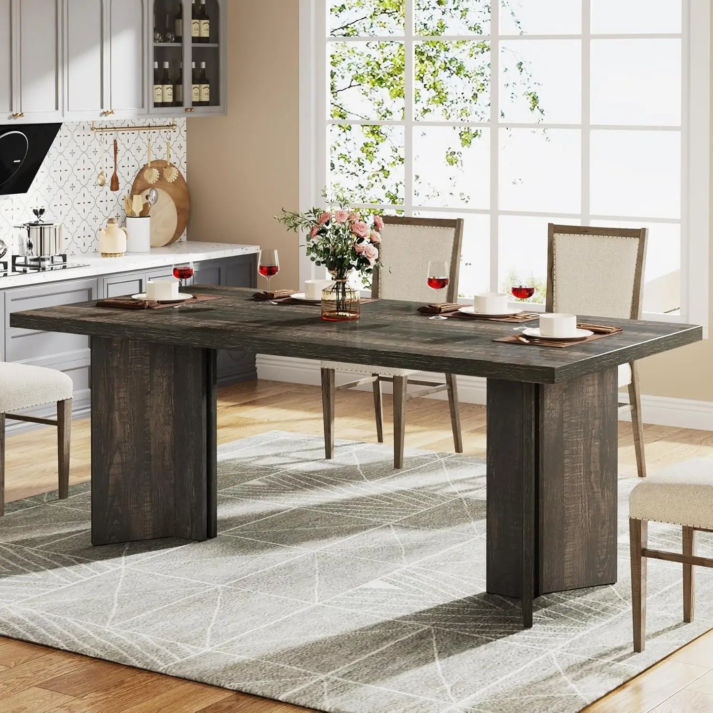 63-inch Dining Table for 4-6, Farmhouse Kitchen Table with Large Tabletop