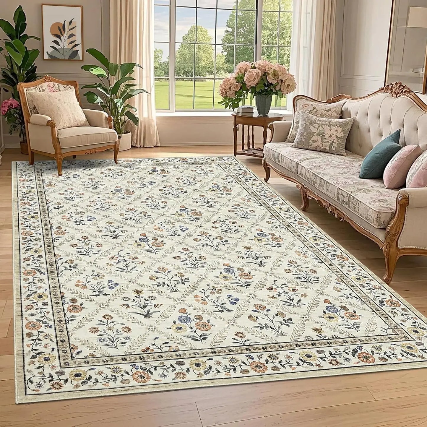 Vintage Washable Area Rugs for Living Room Soft Low-Pile Non-Slip Carpet  for Bedroom Dining Room Home Office